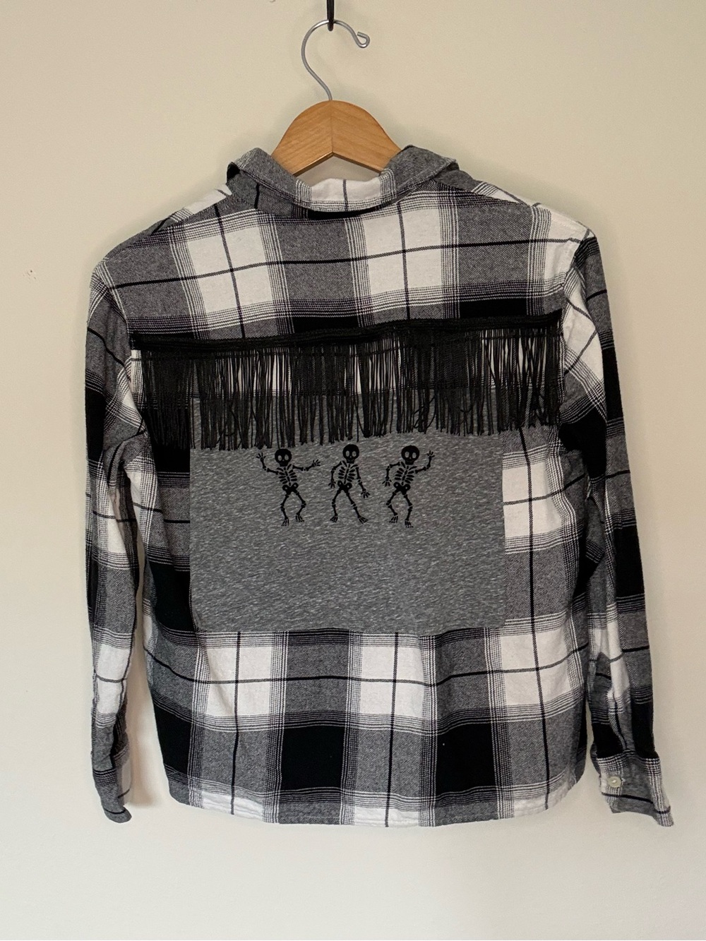 UPCYCLED Old Navy Black & White Plaid Flannel With Dancing Skeletons and Fringe